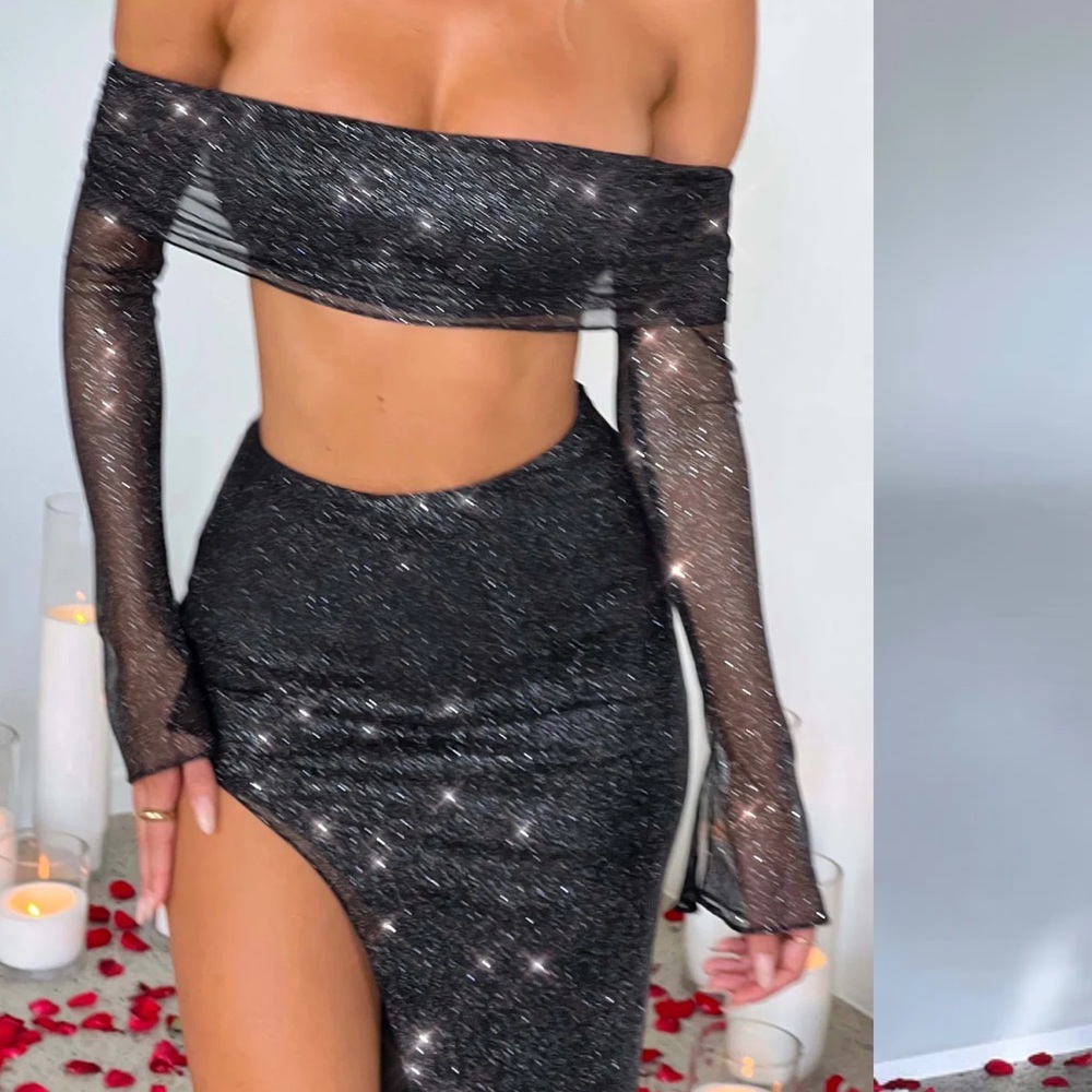 Black Sequin Off-Shoulder Crop Top